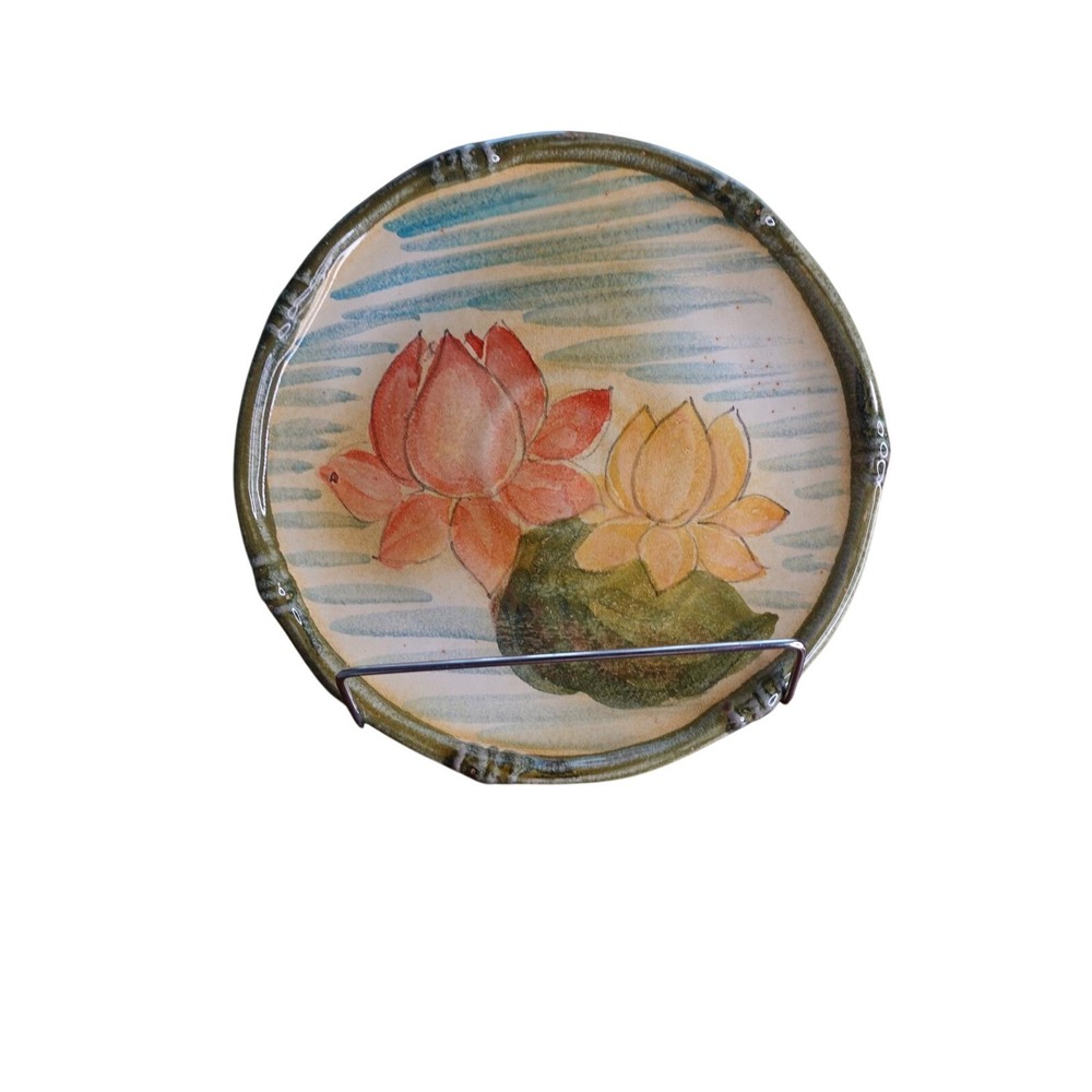 Set of 3 Hand Painted Lotus Flower Studio Pottery Scalloped Salad Plates Green